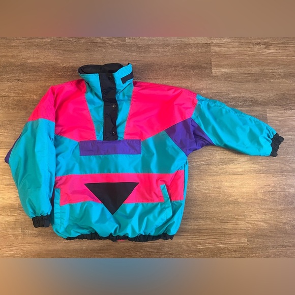 Colorblock Pullover Neon Pink Anorak Fleece Lined Snap Jacket Large Retro G4‎ - Picture 3 of 14
